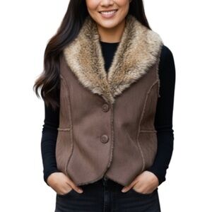 FLAIR SPORT NWT Fun Fur Shawl Collar Vest Brown Faux Suede  Button Front MP
